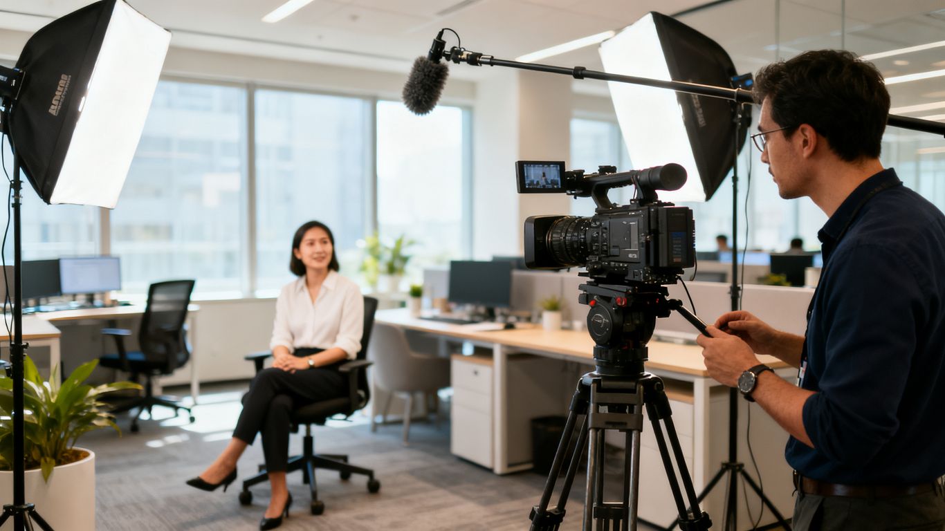 Cinematic video production crew filming a brand interview