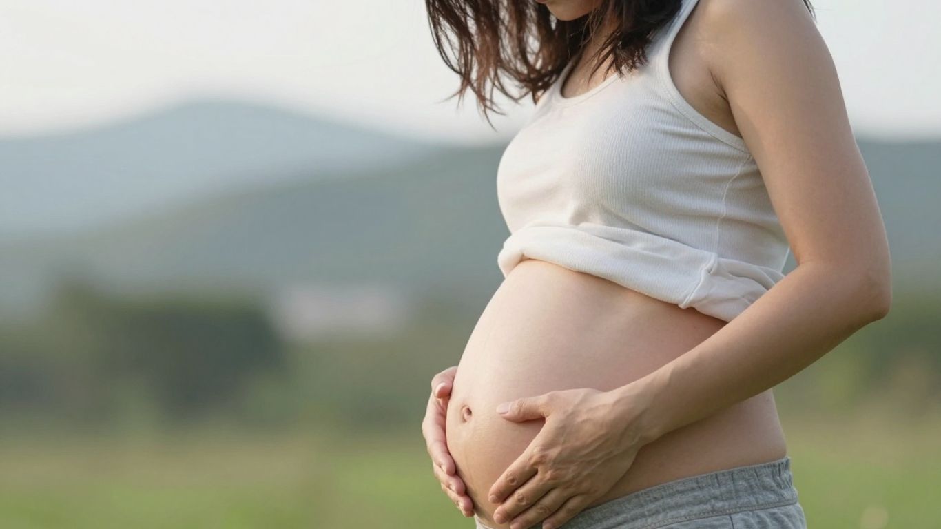 Woman in serene natural setting touching abdomen.
