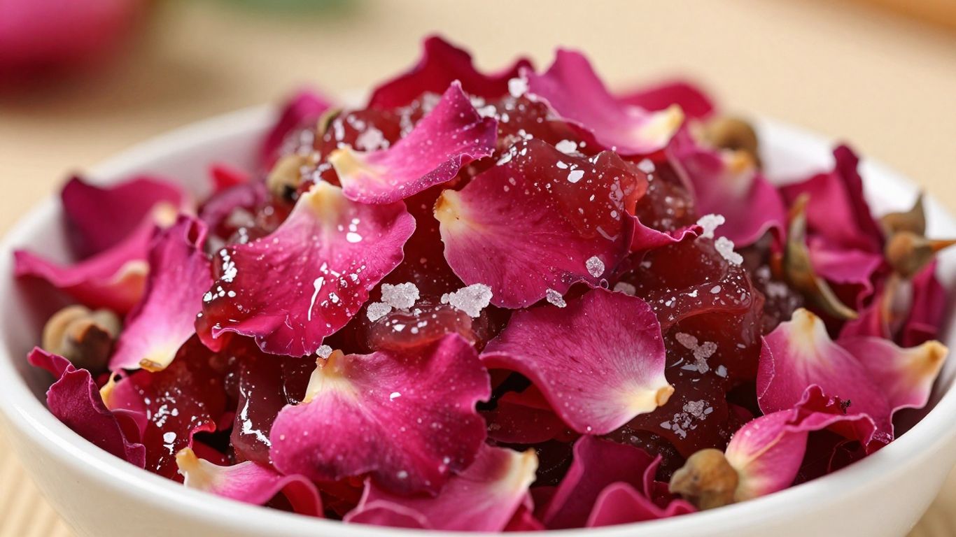 Bowl of rose petal gulkand with sugar crystals.