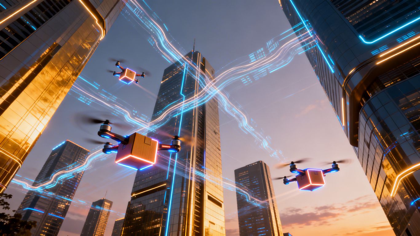 Futuristic cityscape with digital streams and delivery drones.