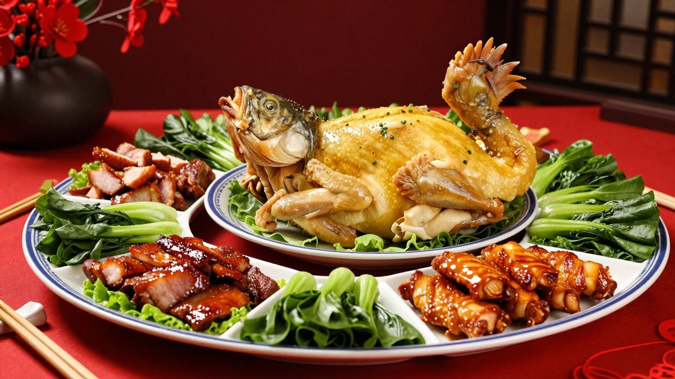 Whole steamed fish beside festive family dishes
