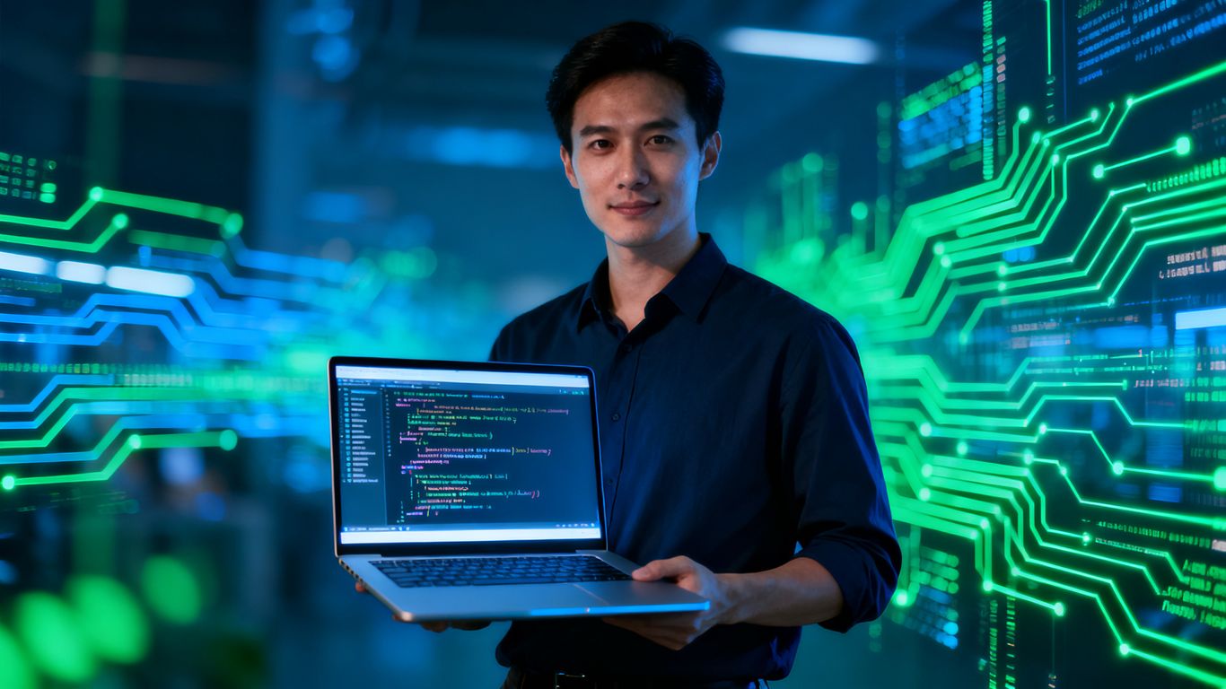 AI engineer with laptop, digital circuits background.