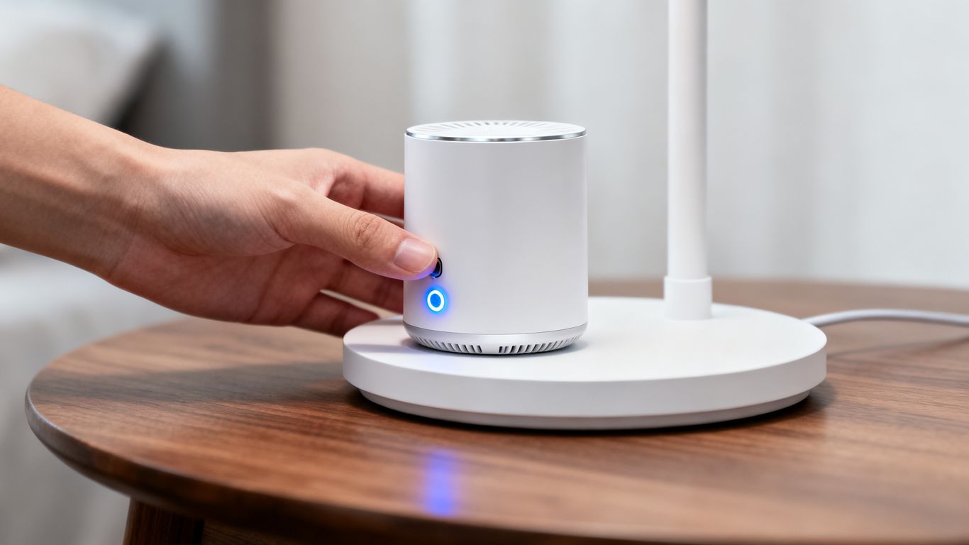 Hand placing a device on its sleek charging base