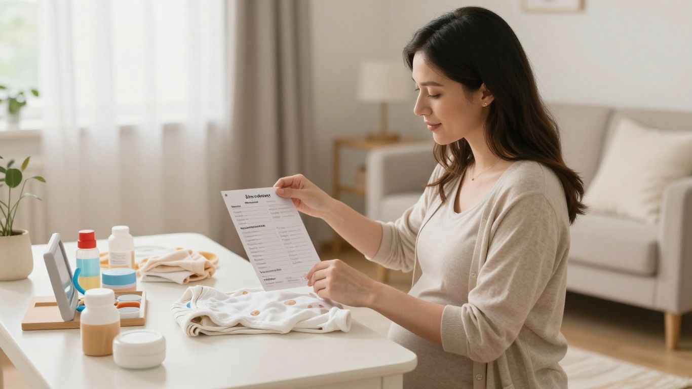 Pregnant woman organizing baby items and registry