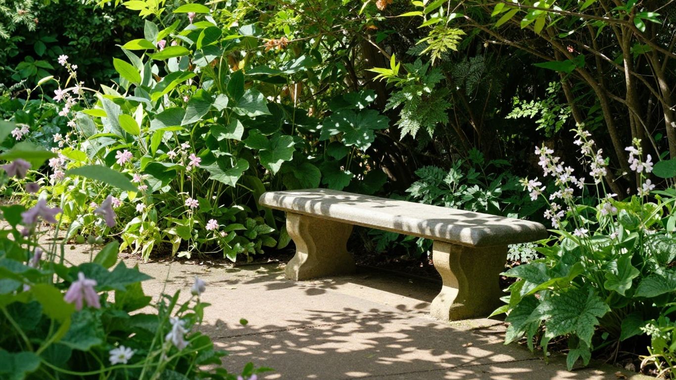 Stone memorial bench in a peaceful garden setting.