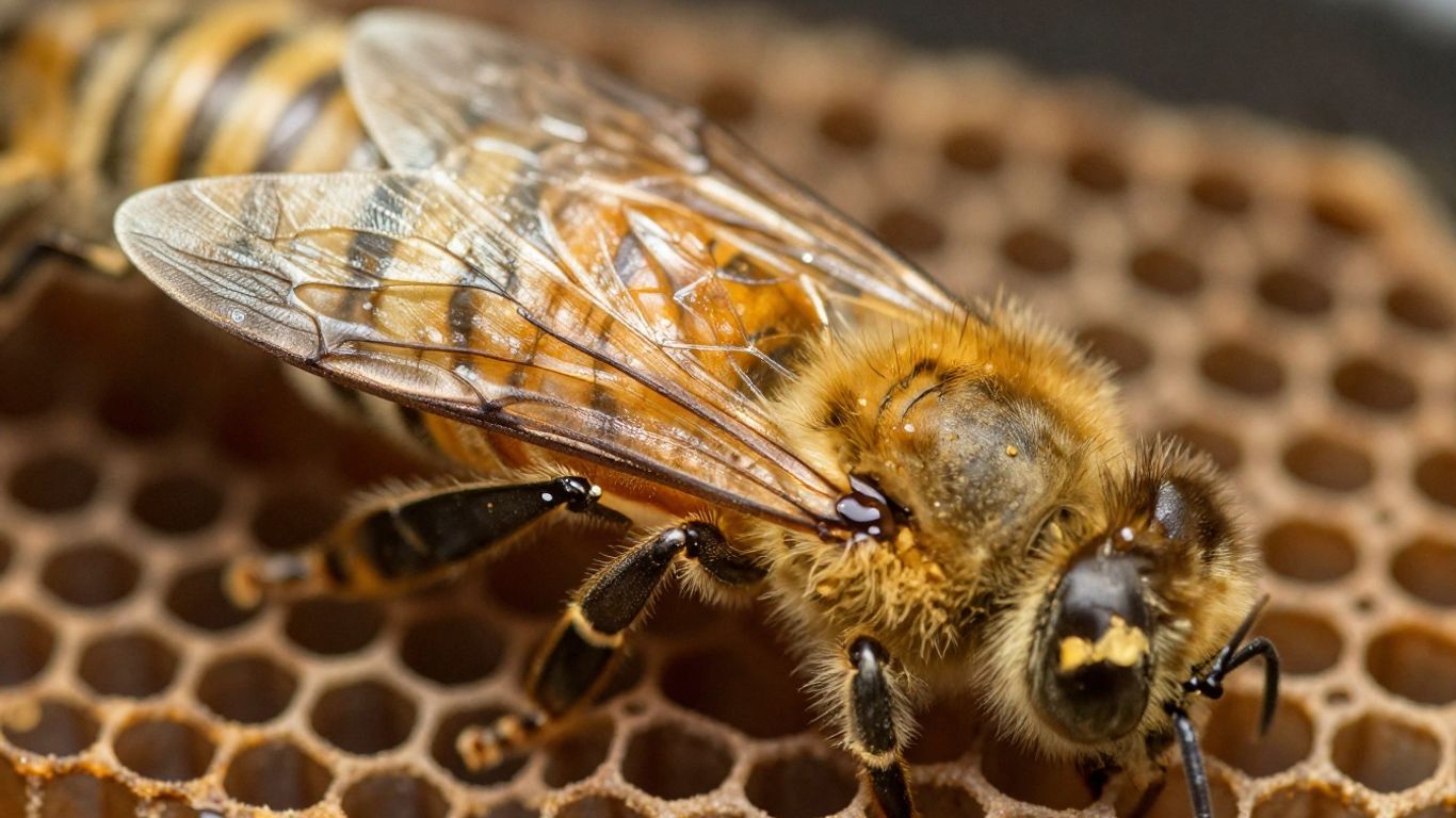 Close-up of bee wings with honeycomb background.