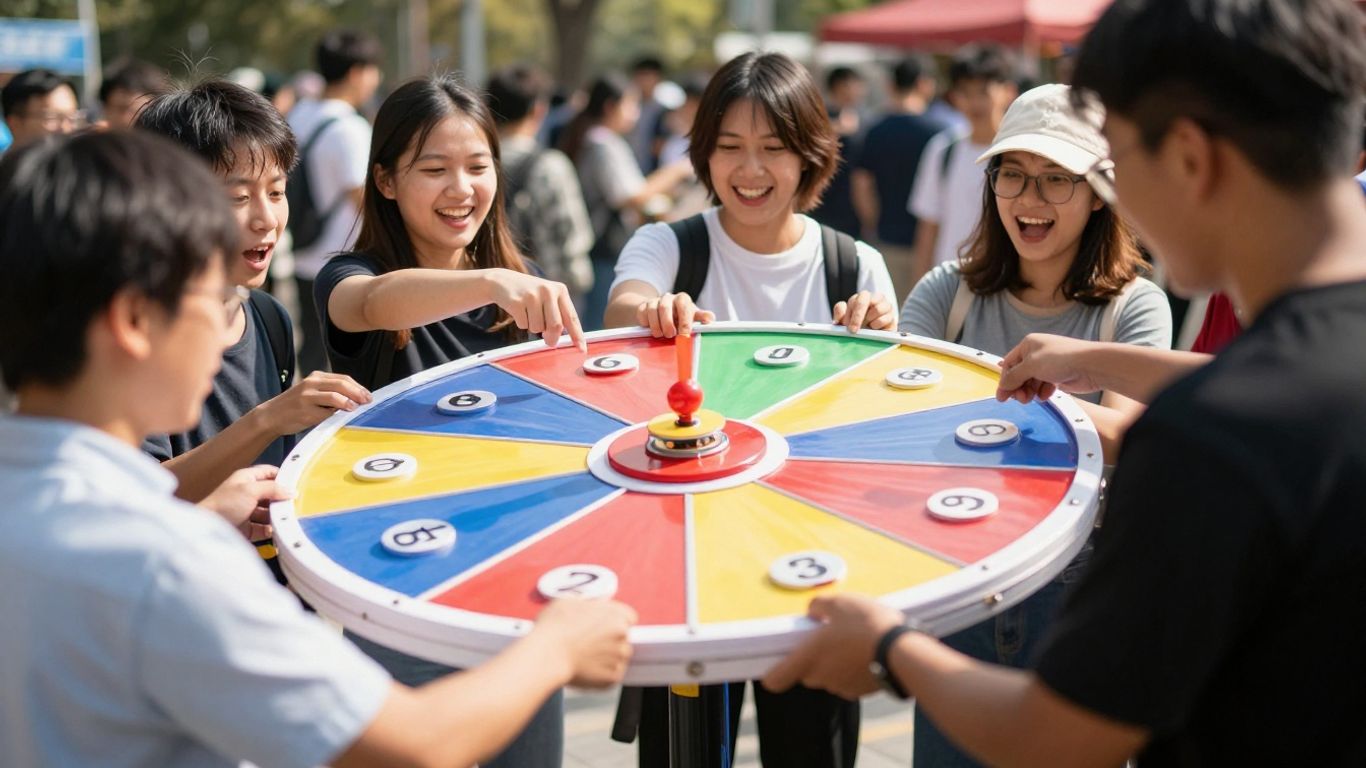 People winning prizes from a contest wheel.