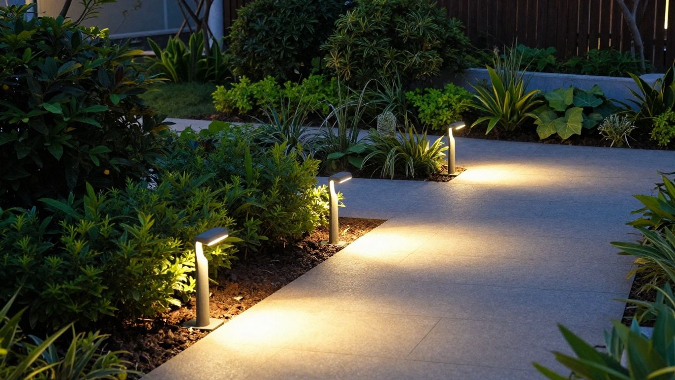 LED pathway lights illuminating a garden path at dusk.