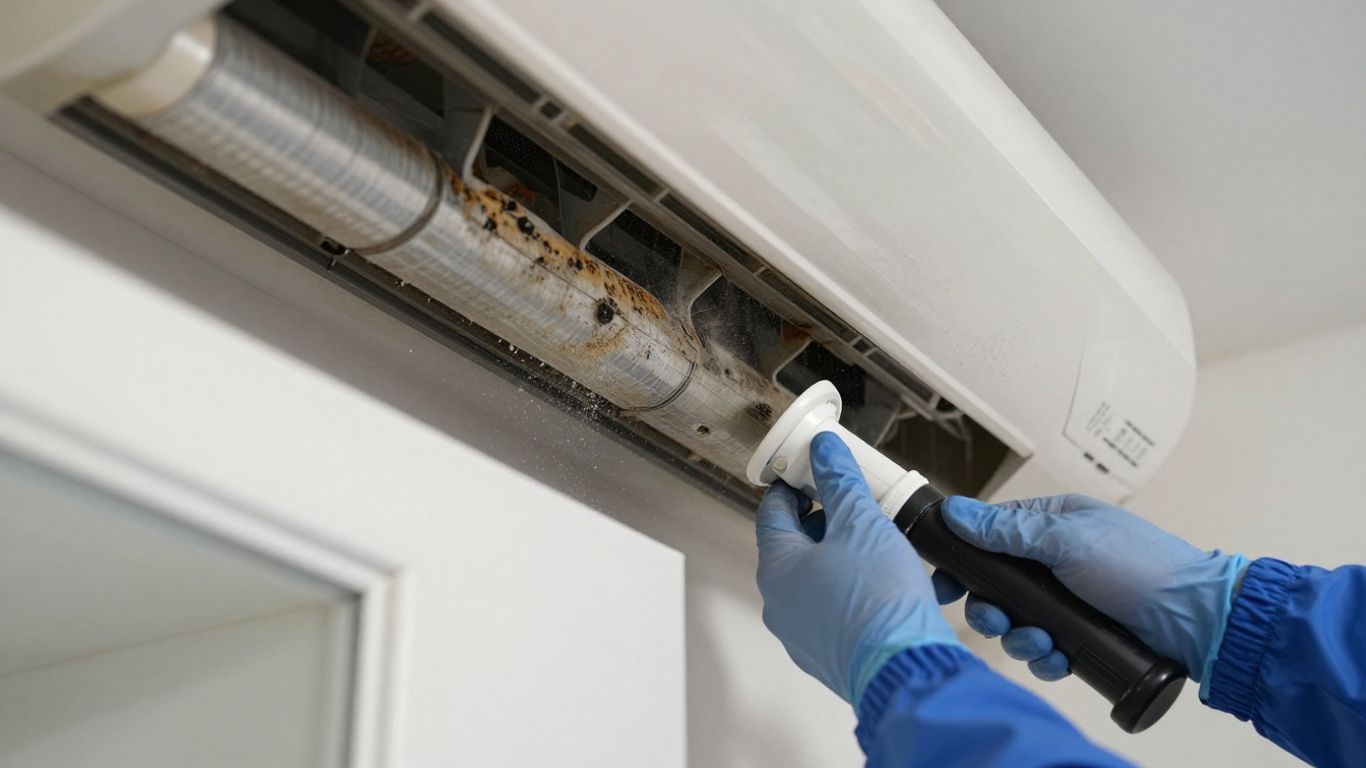 Professional cleaning air conditioning ductwork in a home.