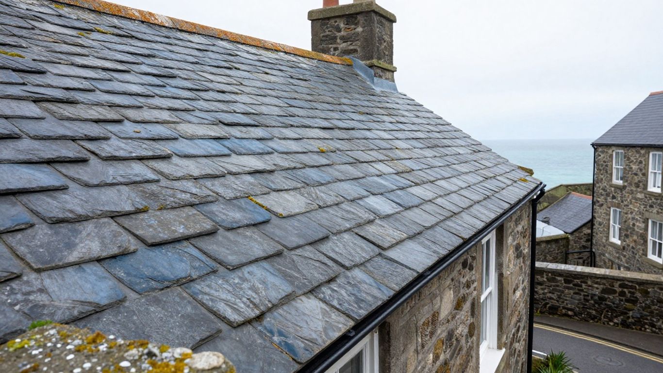 Traditional slate roof on a historic Cornish building.