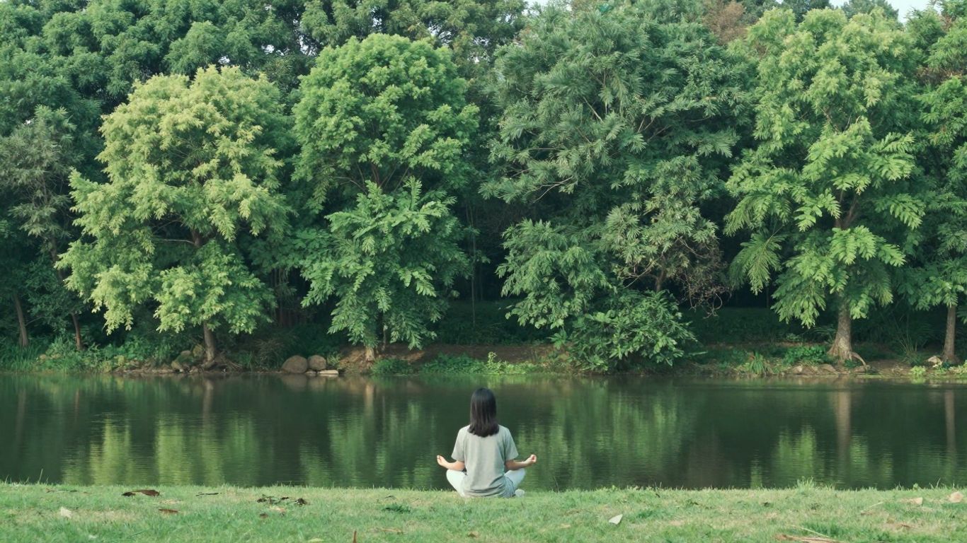 Person meditating by a tranquil lake at sunrise.