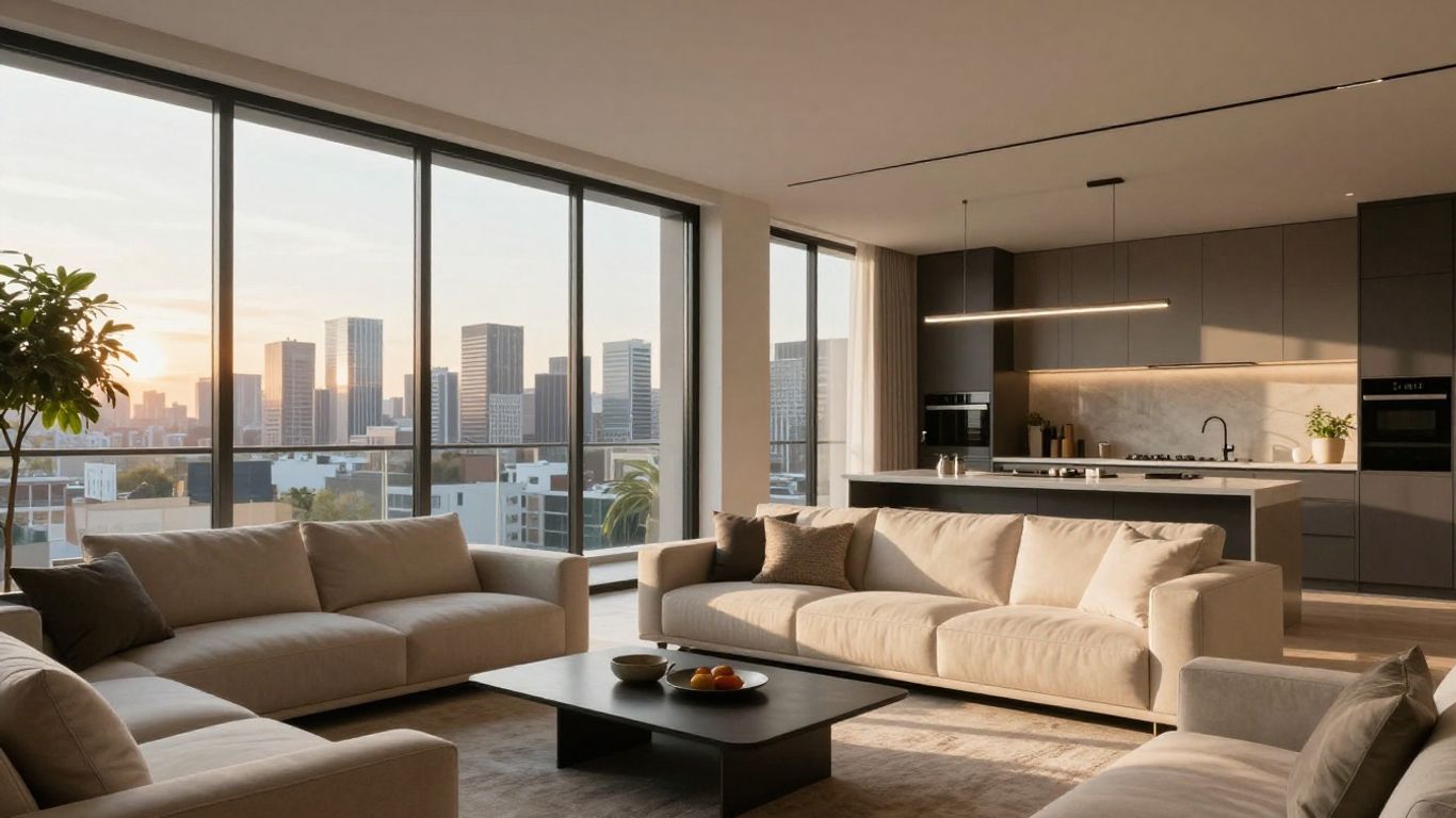 Appartamento moderno con vista sulla città al tramonto.