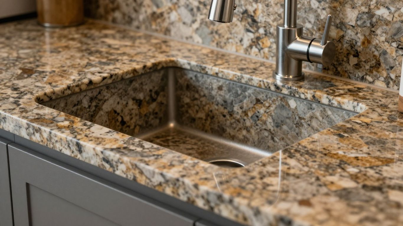Polished granite kitchen worktop with natural veining.