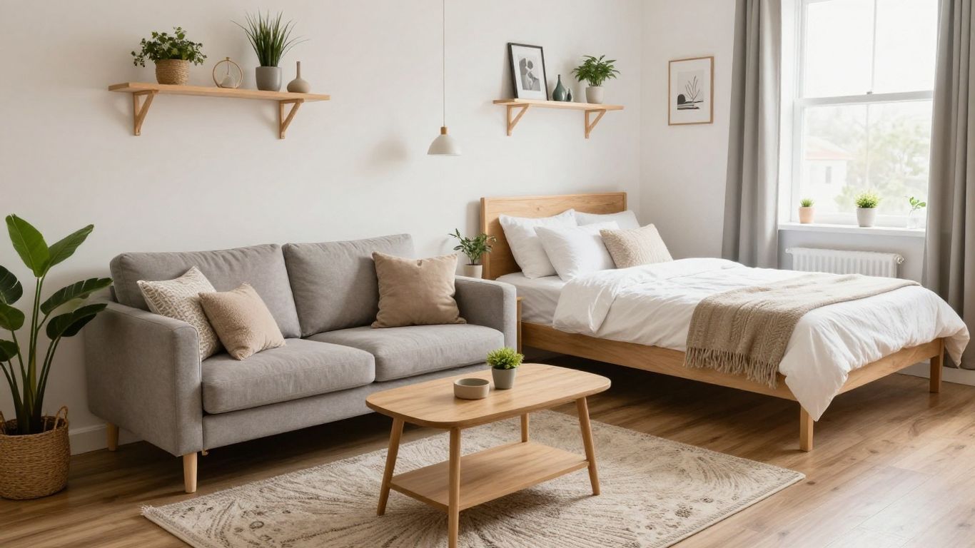 Cozy studio Airbnb with bed, sofa, plants, natural light