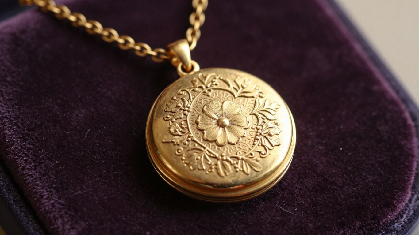 Antique gold locket necklace with floral engravings.
