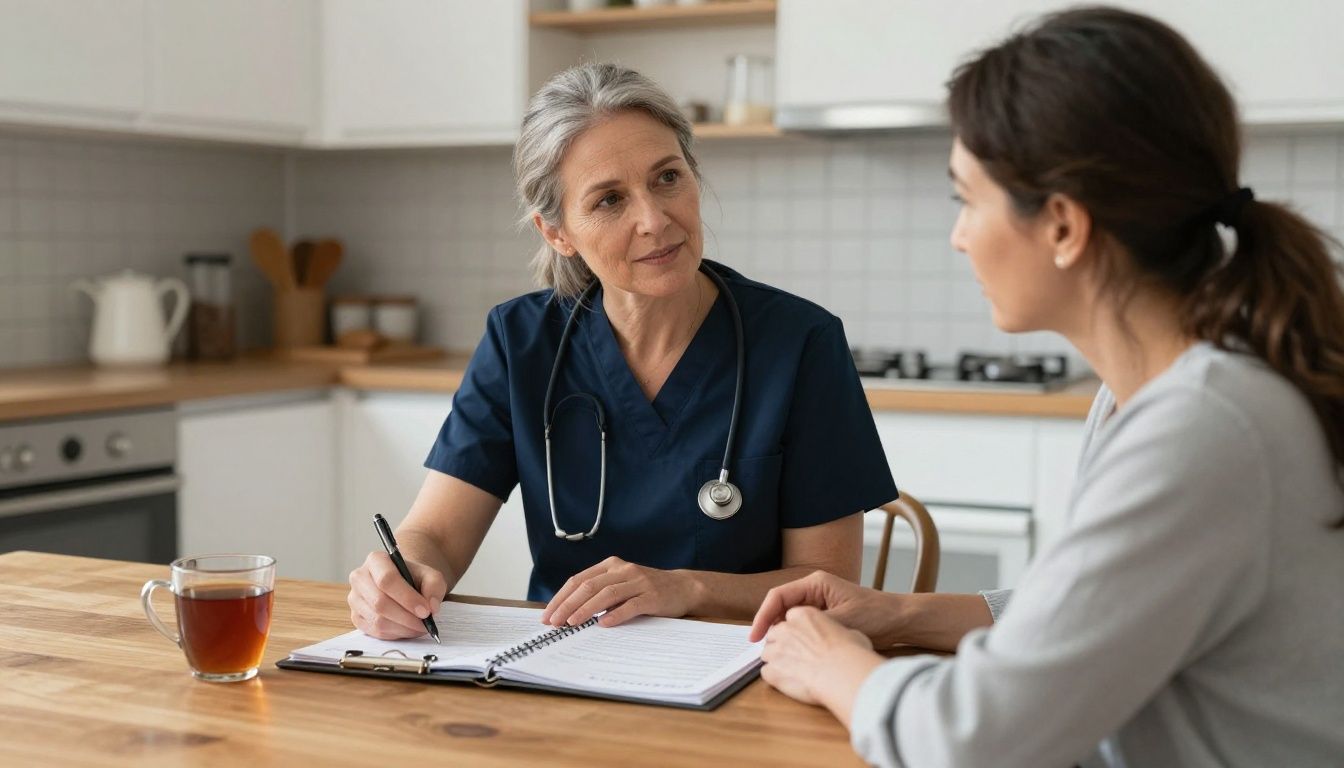 A compassionate home care nurse sits at a kitchen table with a middle-aged woman, calmly reviewing a binder of medical information together, with a cup of tea nearby.