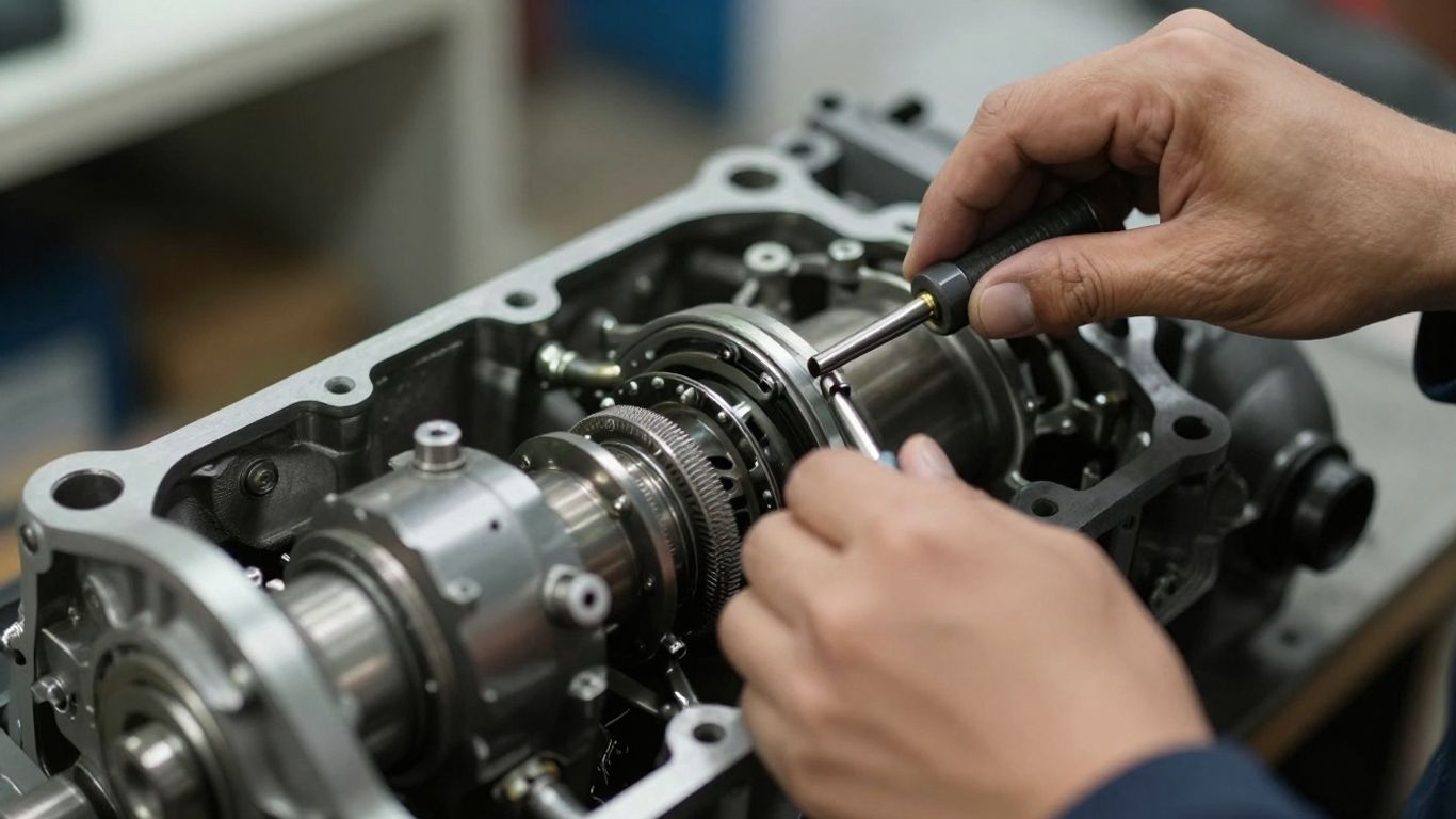 Mechanic repairing a car gearbox with tools.
