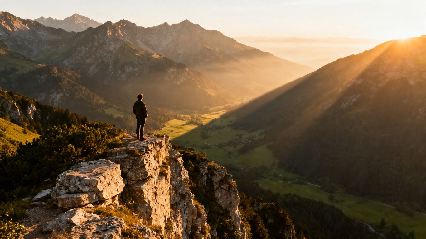 Person enjoying a scenic mountain view without a camera.