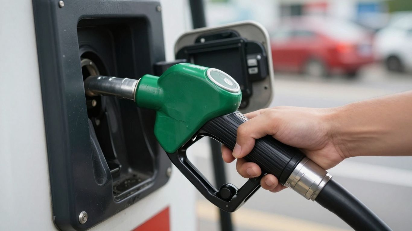 Gas pump nozzle filling a car's fuel tank.