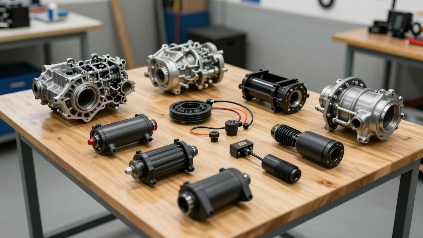 Engine parts arranged on workbench