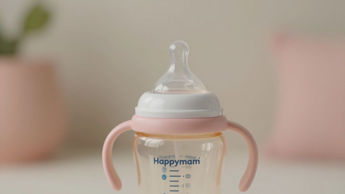 Biberón Happymami con diseño ergonómico y tetina suave.