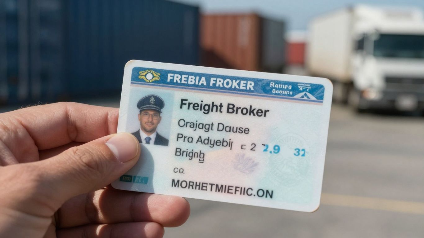 Freight broker license with shipping containers and trucks in background.