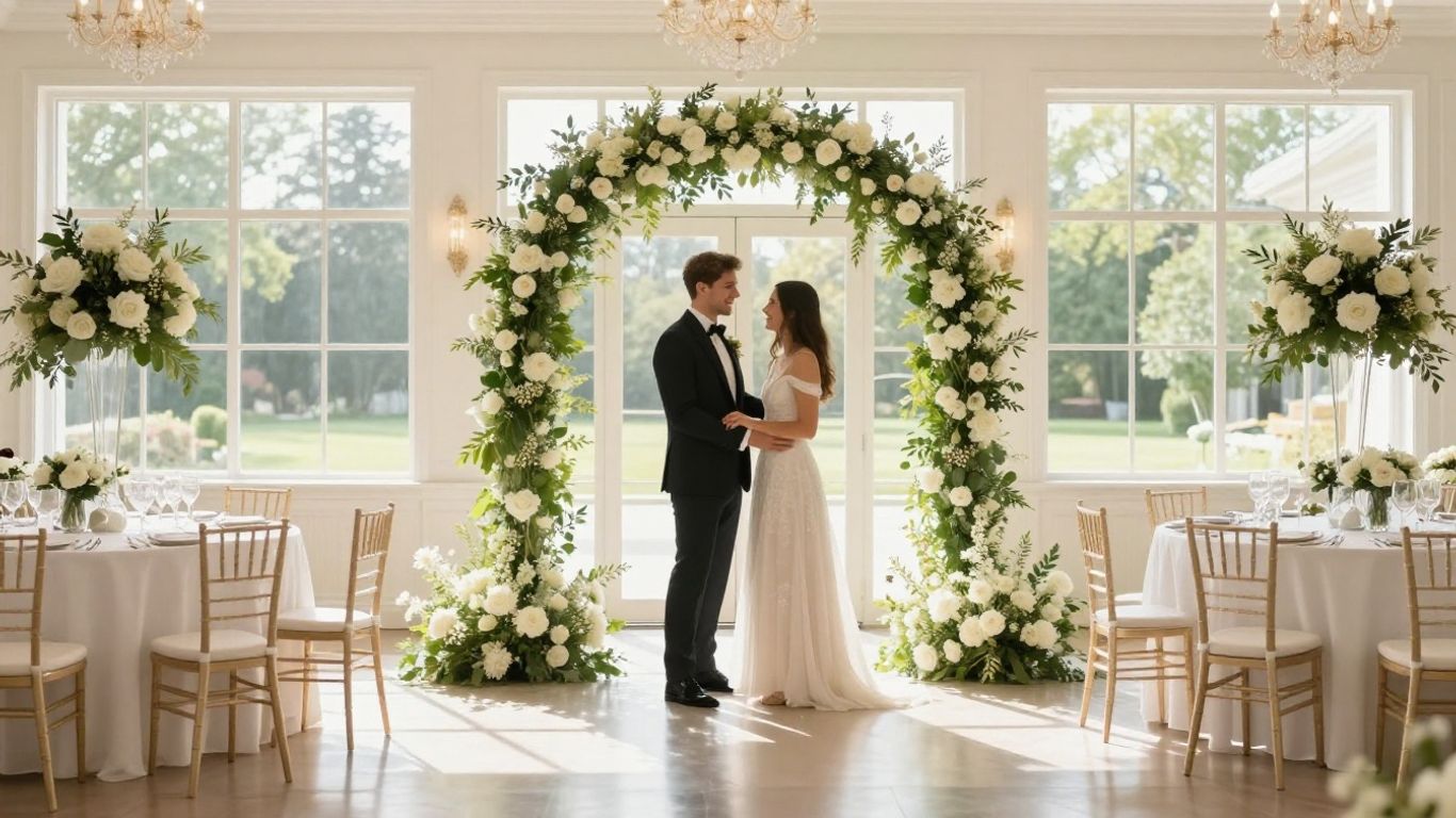 Elegant event venue interior with natural light and floral decor.
