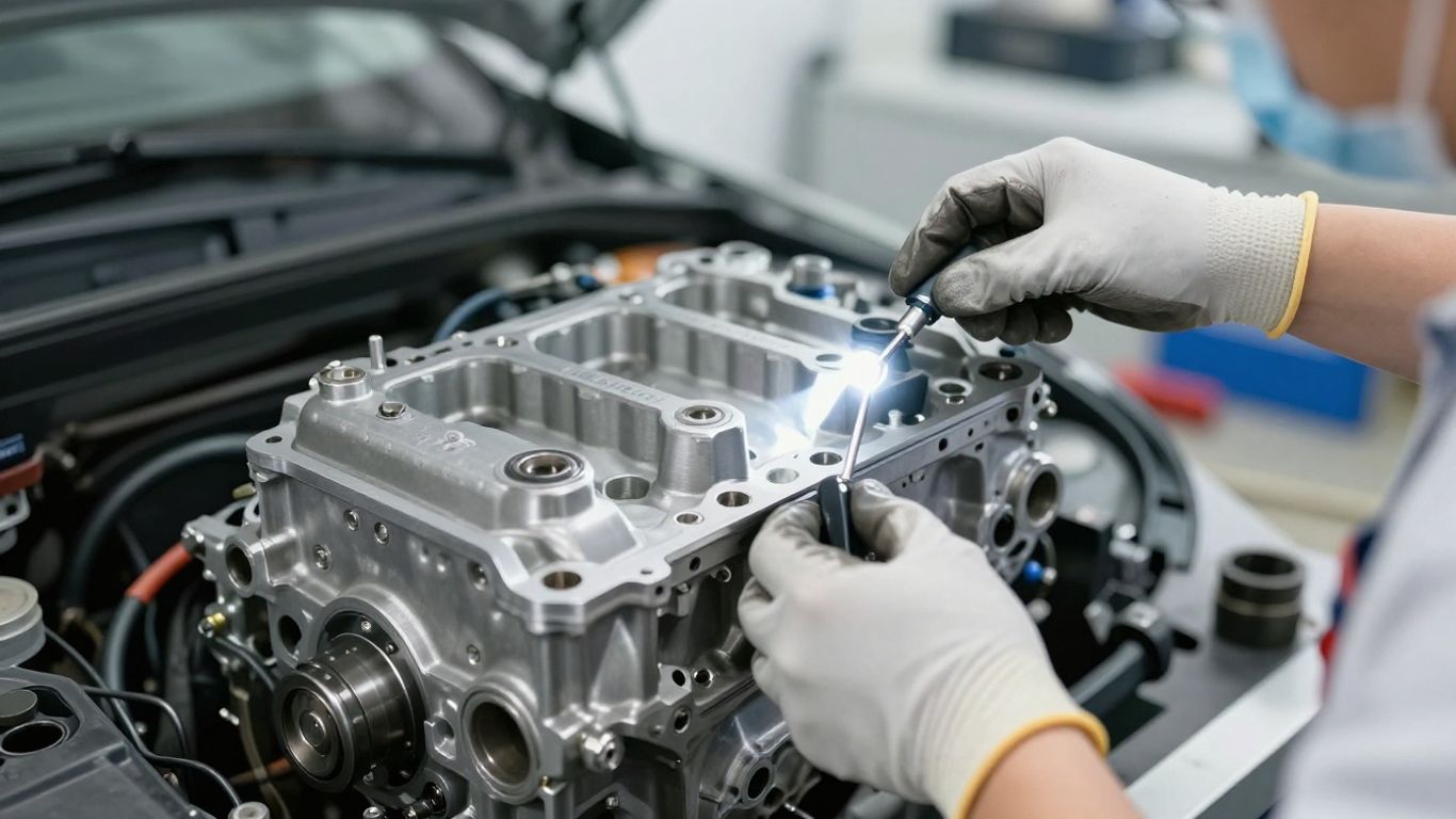 Mechanic inspects components on a workbench