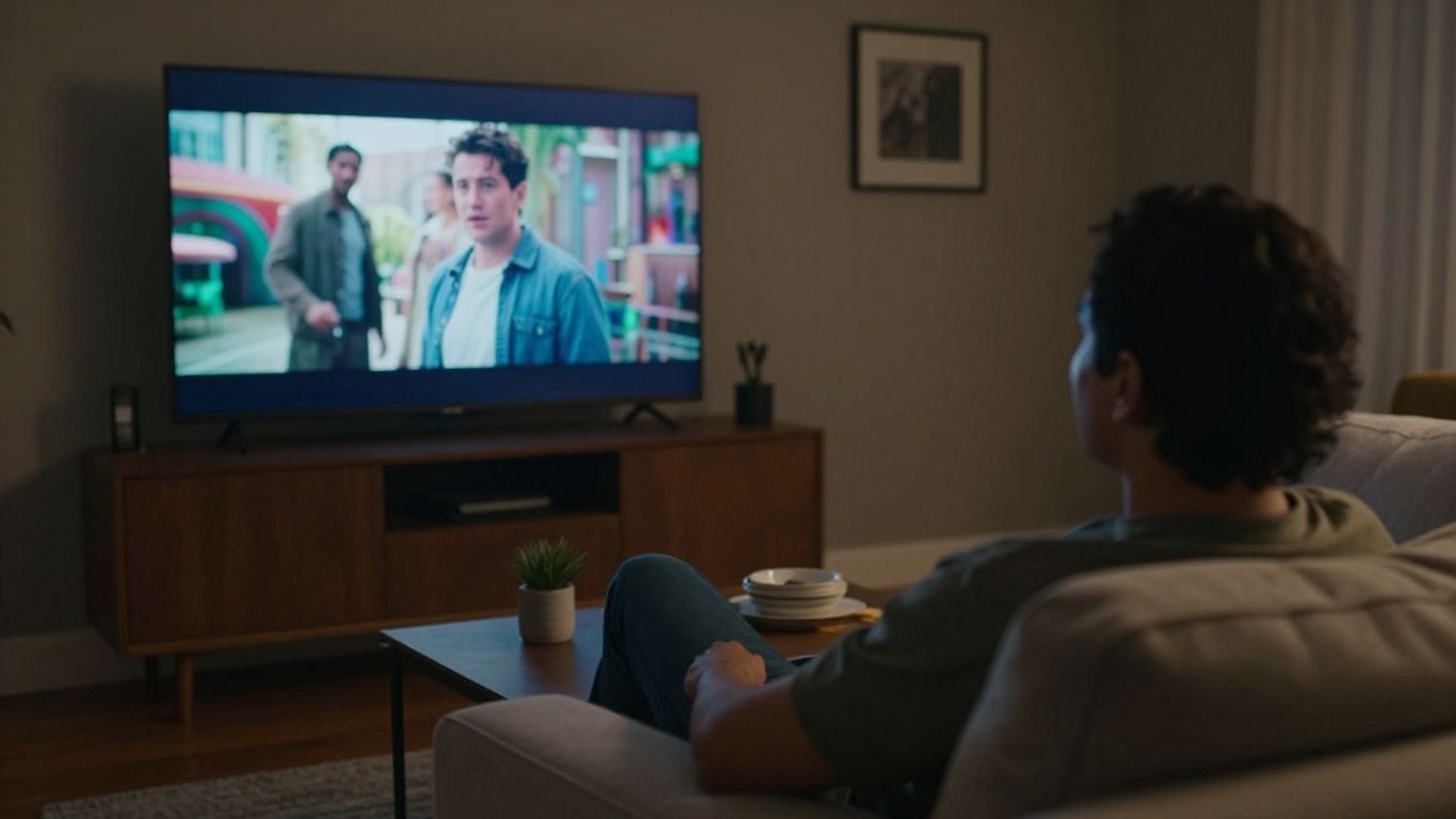 Tela de TV exibindo um filme em uma sala aconchegante.