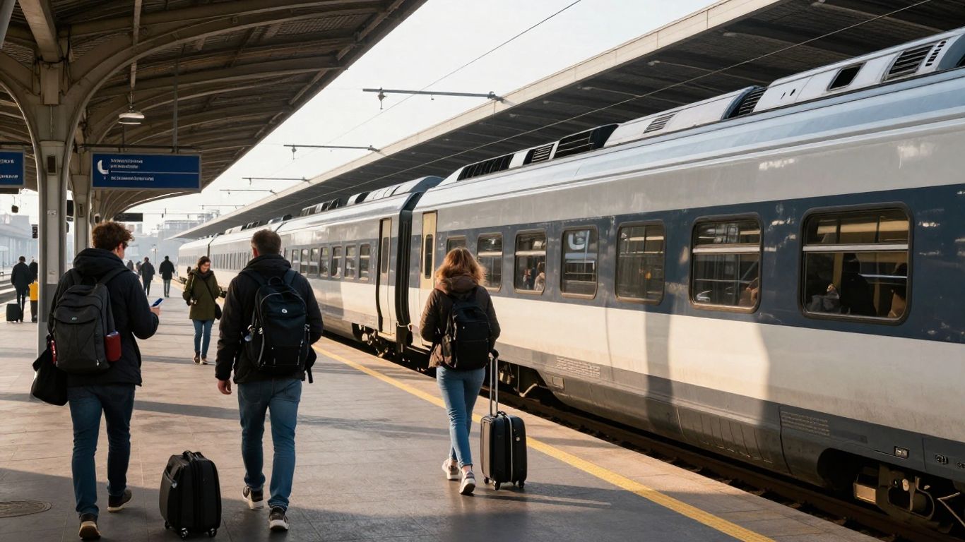Train arriving at a sunny European station