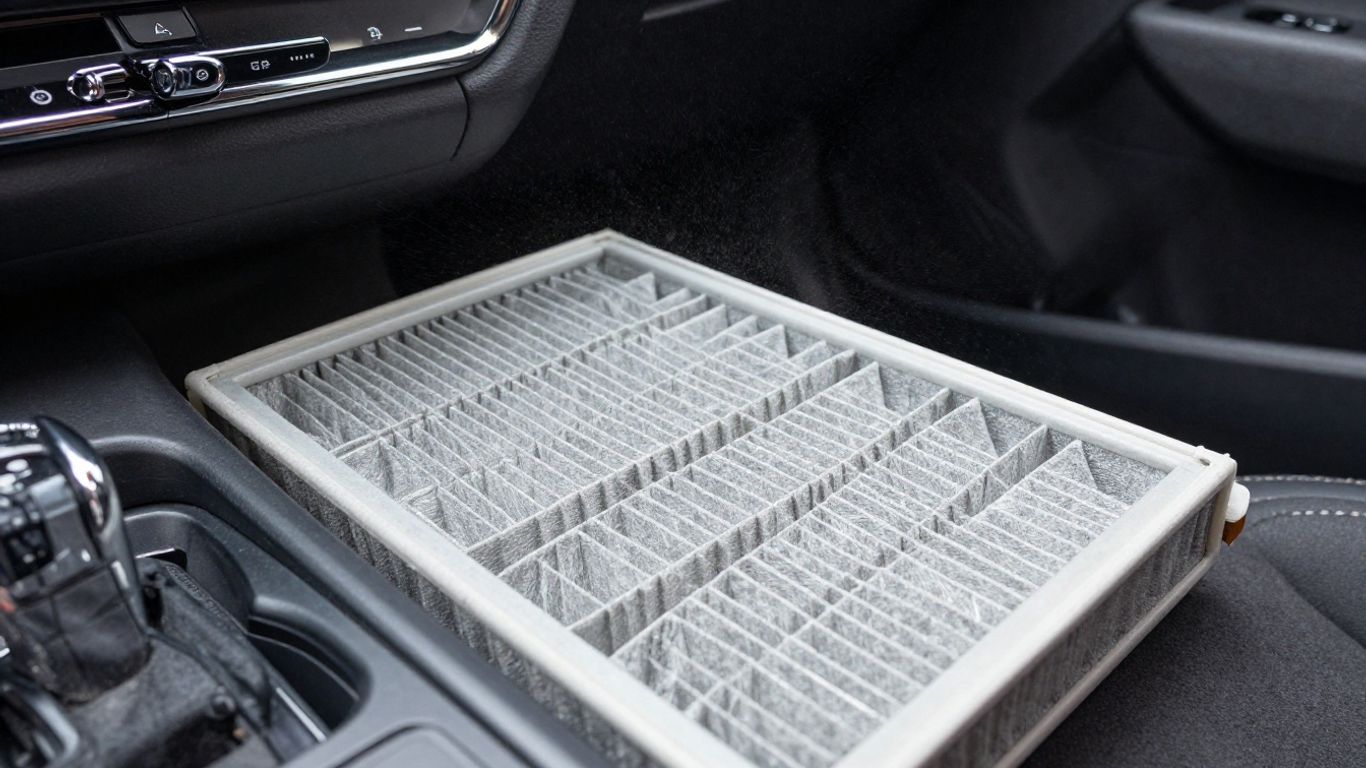 Dirty cabin filter beside Volvo dashboard