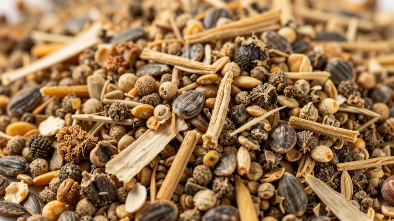 Sypkie dodatki do paszy zwierzęcej, ziarna i błonnik.