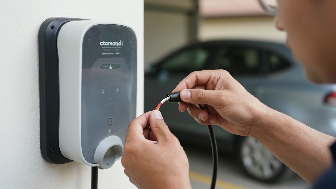 Installation d'une borne de recharge électrique par un professionnel.