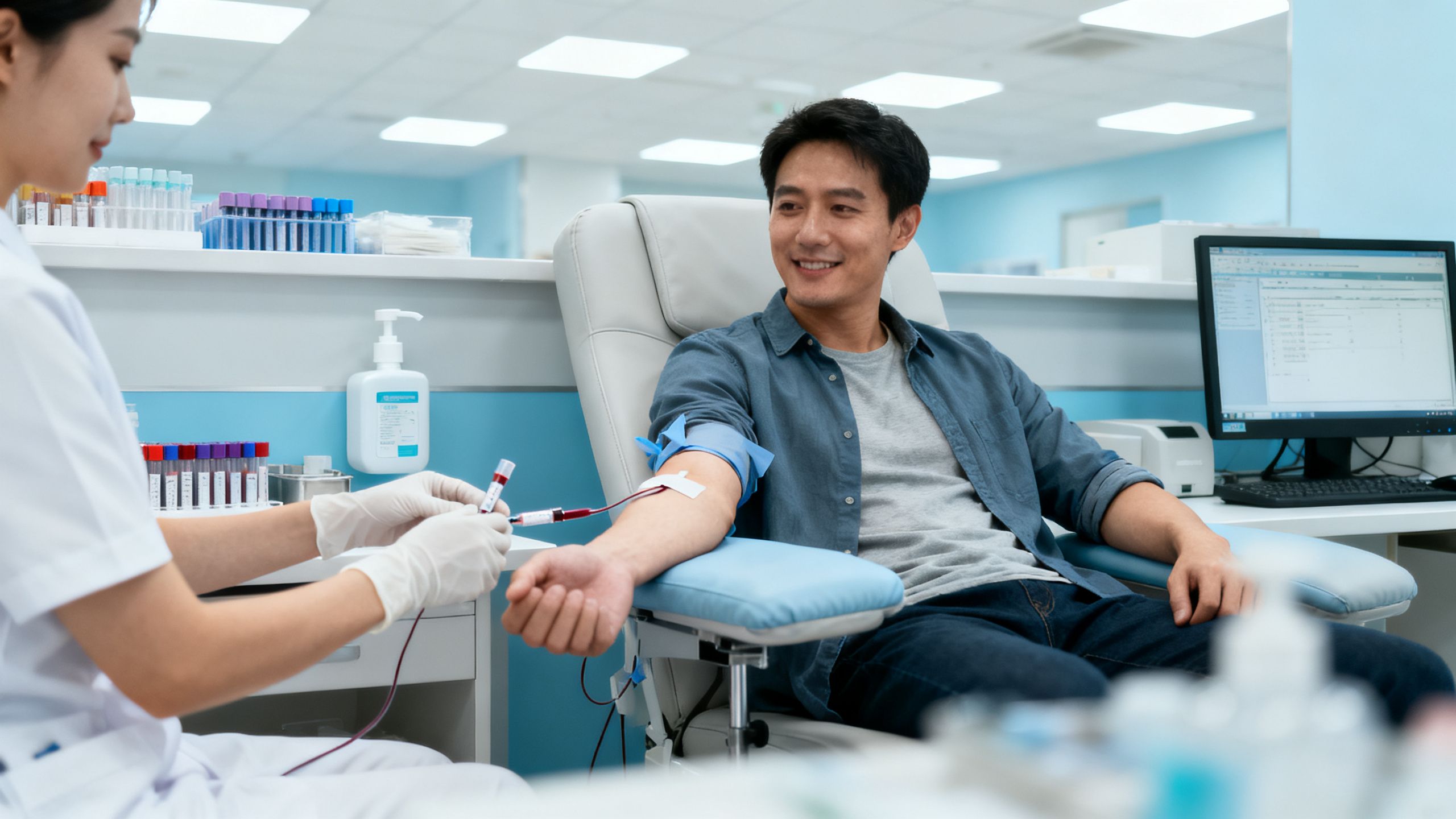 A patient completing a fast and simple blood draw at a clean, professional lab center