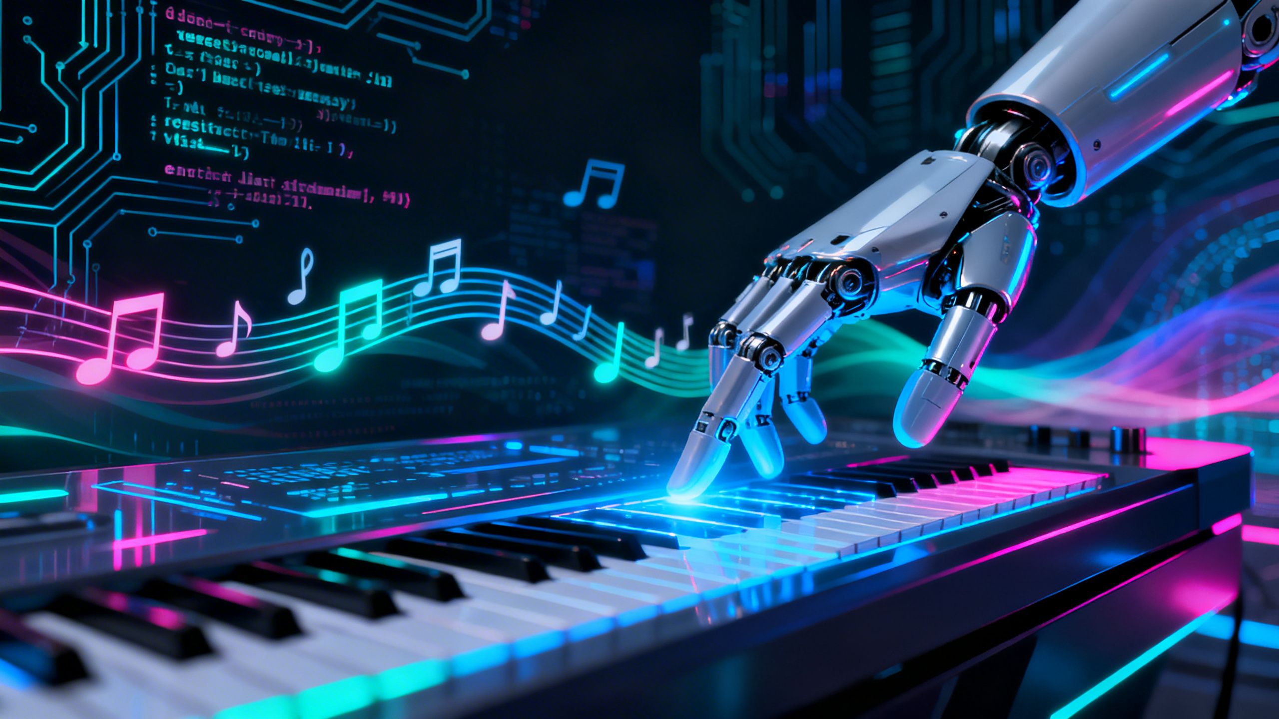 AI generating music with futuristic sound waves and code.