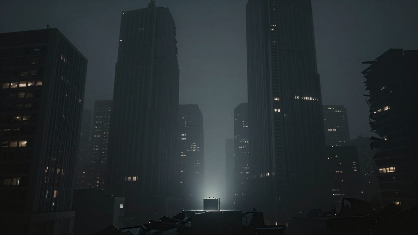 Corrupt corporate buildings shrouded in fog with a spotlight on a briefcase.