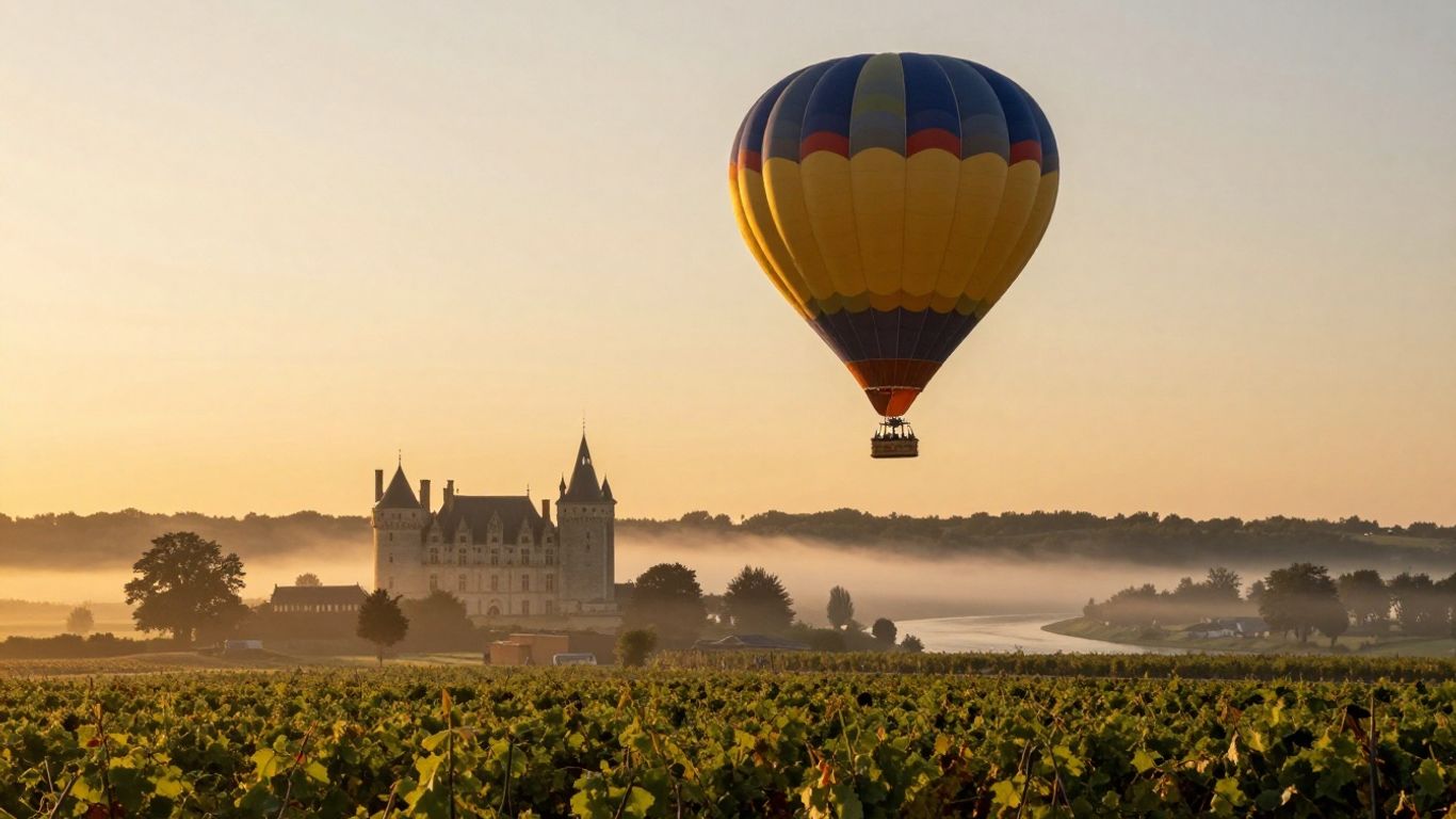 Balloon basket over Loire Valley at sunrise