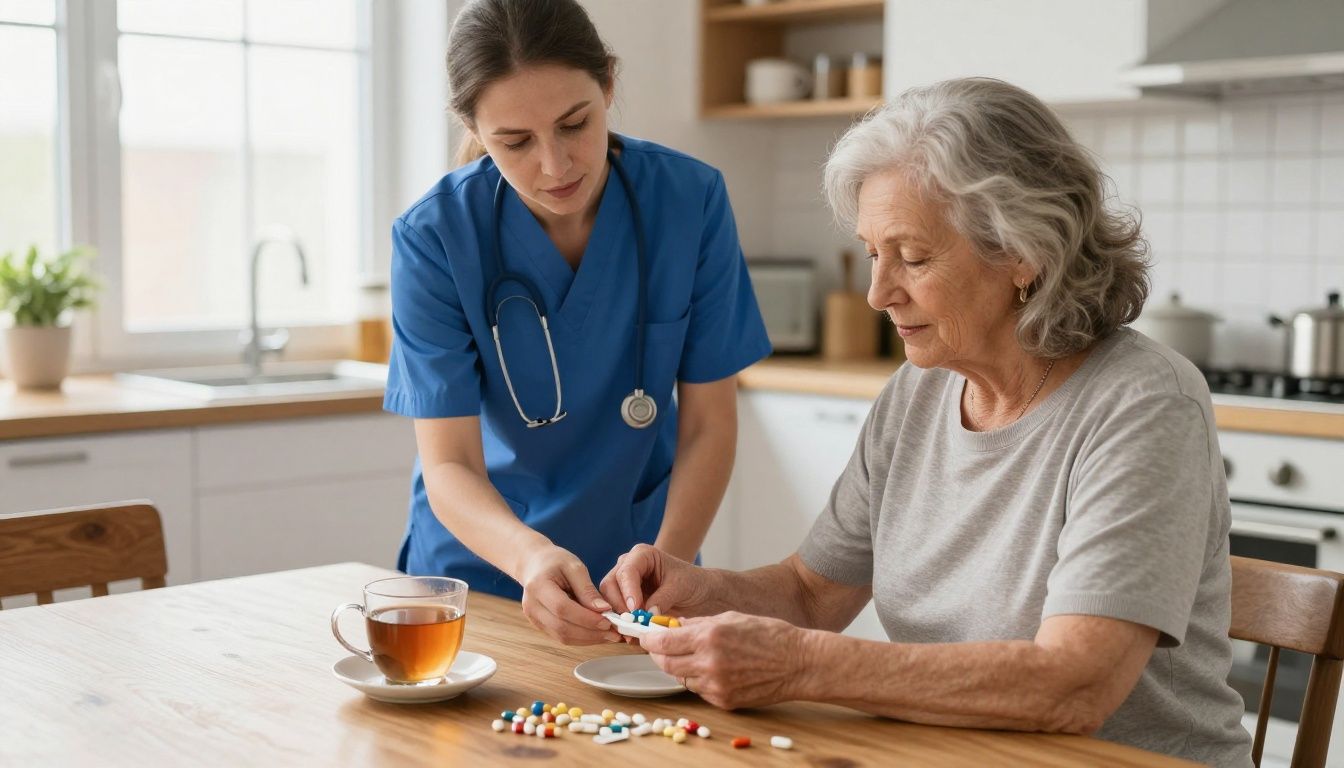 A compassionate home care aide in a blue uniform helps an older woman with gray hair sort her morning medications at a sunlit kitchen table, with a cup of tea nearby.