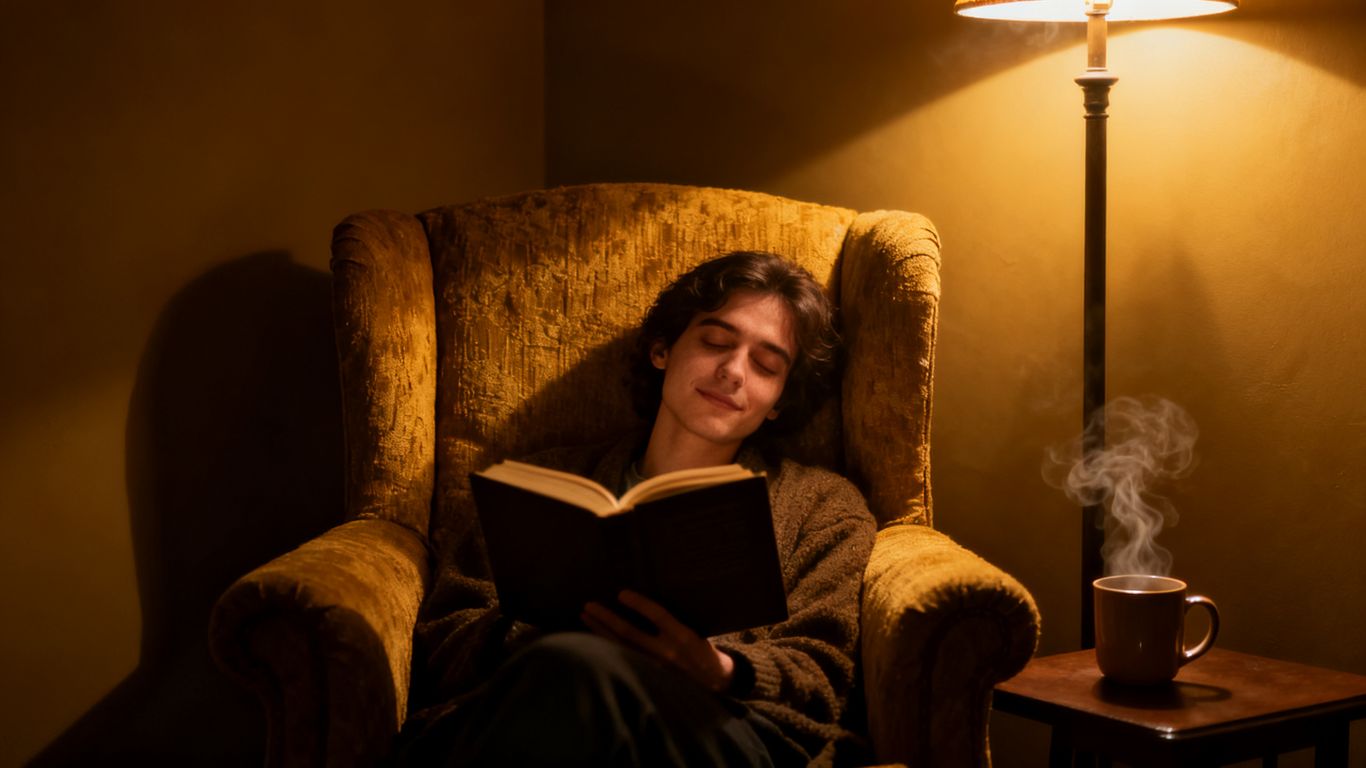 Person reading a book in a cozy, warm room.