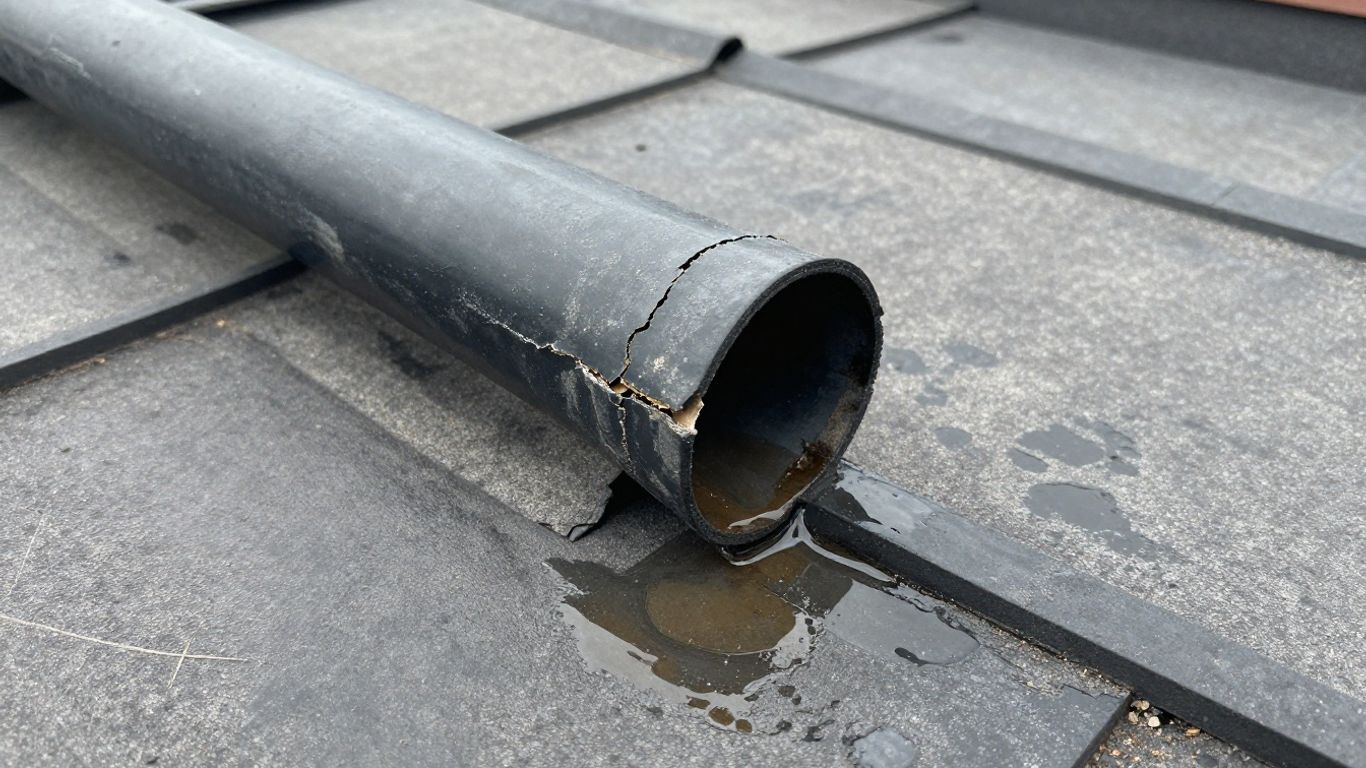 Damaged pipe boot on a roof with water leaks.