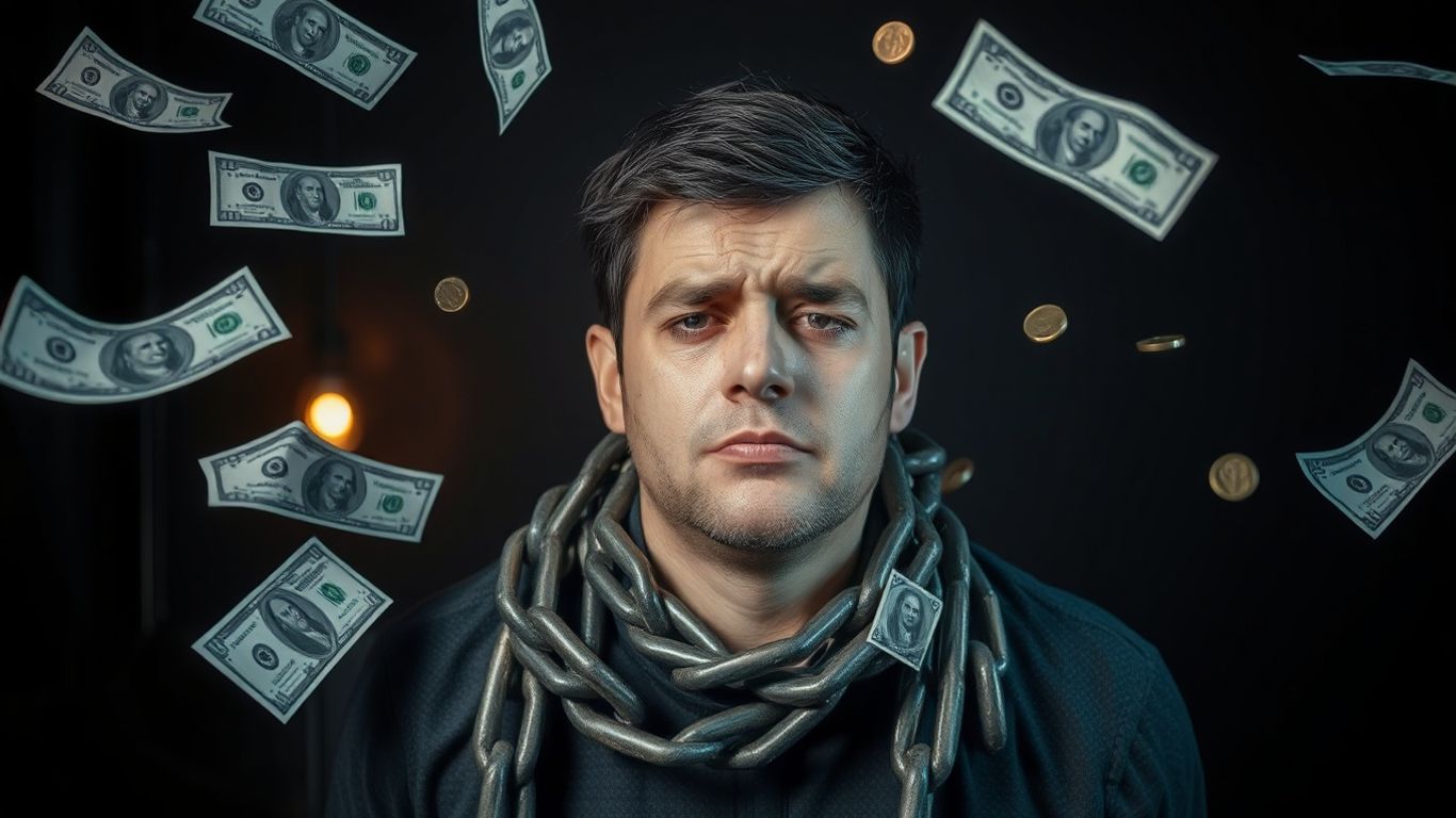 Person burdened by debt, surrounded by bills and coins.