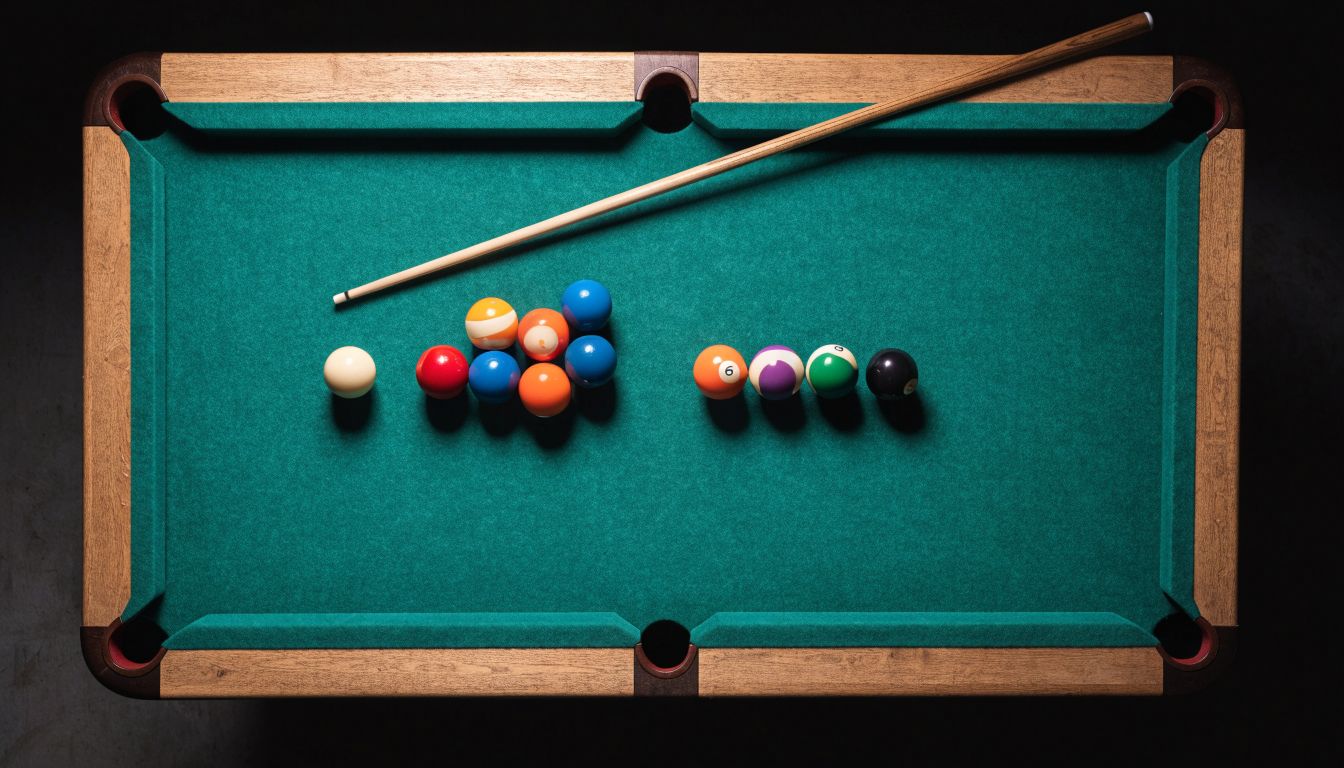 Mesa de 8 Ball Pool vista de cima, com bolas coloridas alinhadas para uma partida estratégica