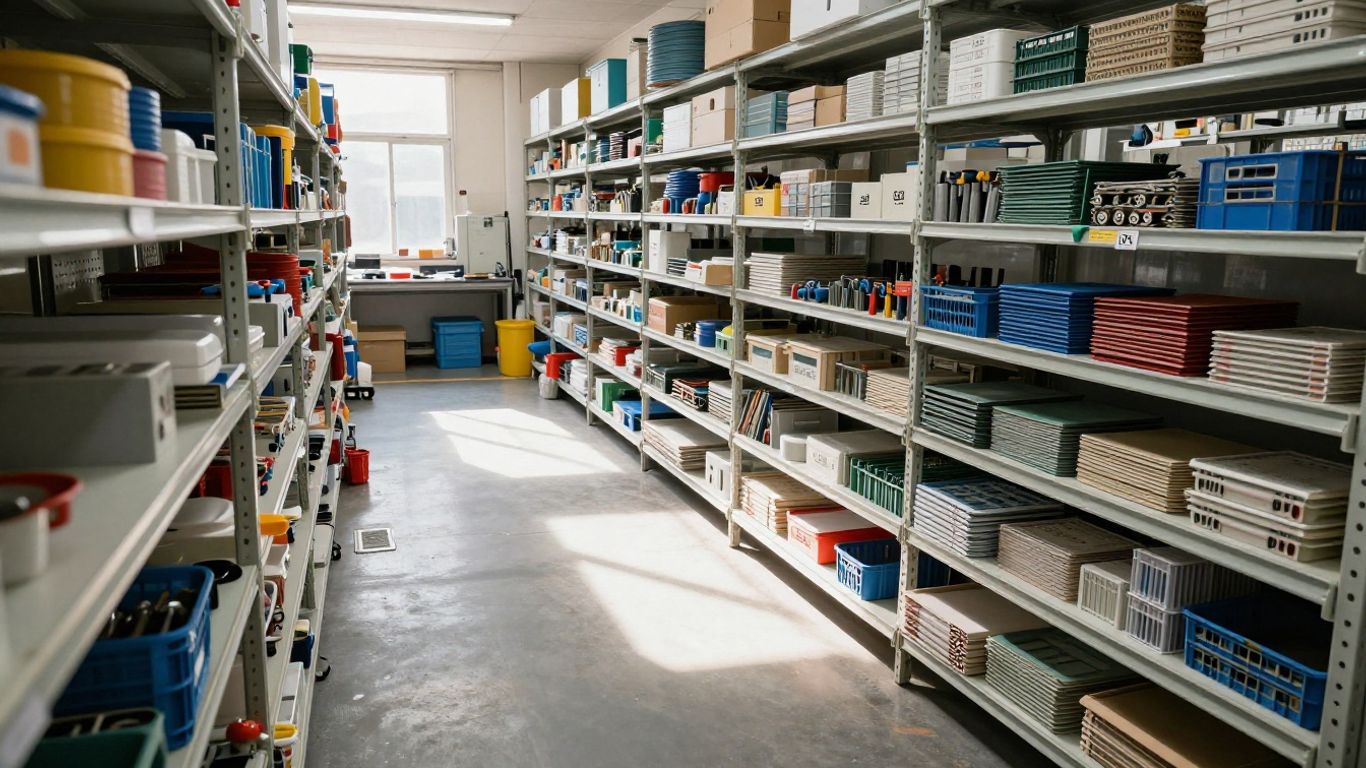 Organized factory workspace with sorted tools and clear areas.