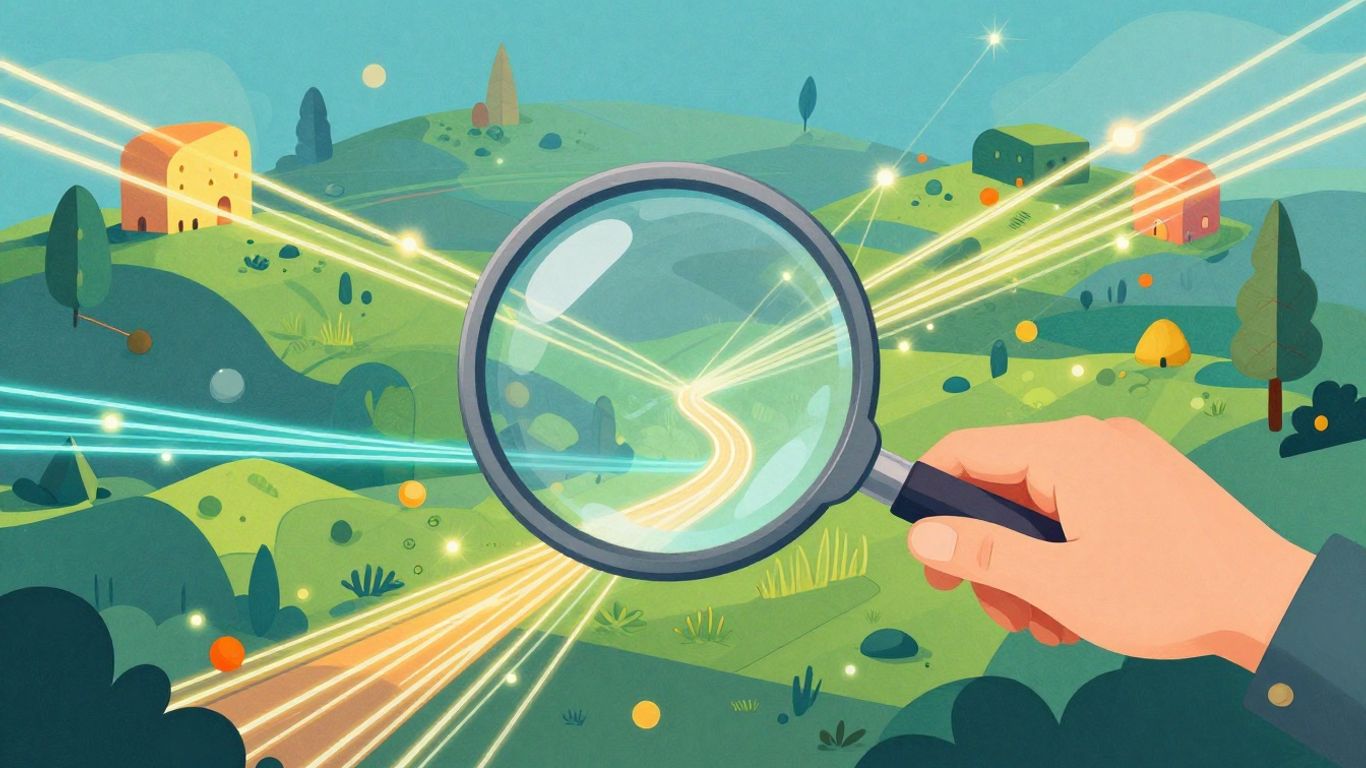 Digital landscape with connections and magnifying glass.