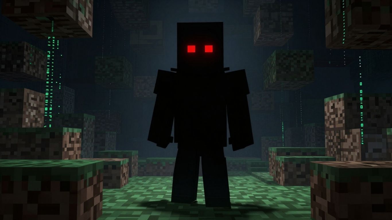 Minecraft world threatened by shadowy LofyStealer malware figure.