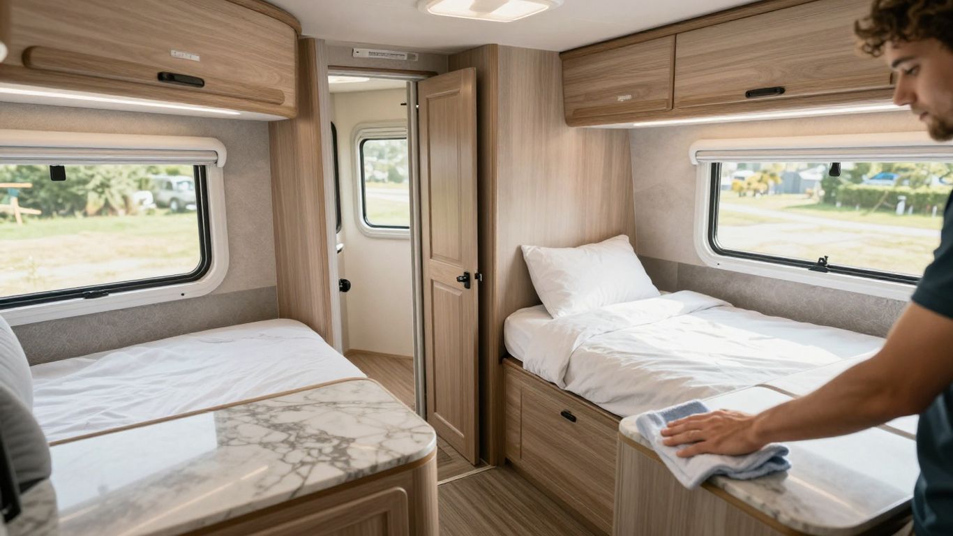Clean RV interior with organized cabinets and tidy living area.
