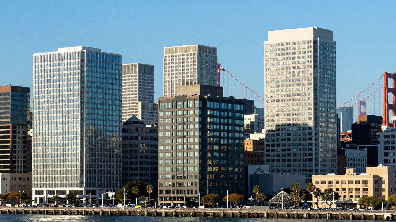 San Francisco cityscape with Golden Gate Bridge and modern buildings.