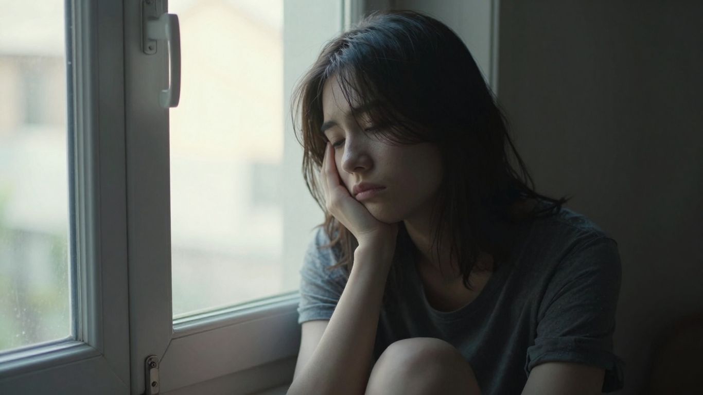 Müde Person im Dunkeln, Sonne draußen.