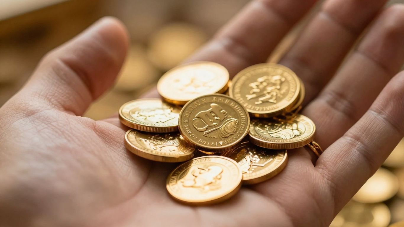 金手拿著金幣和珠寶。
