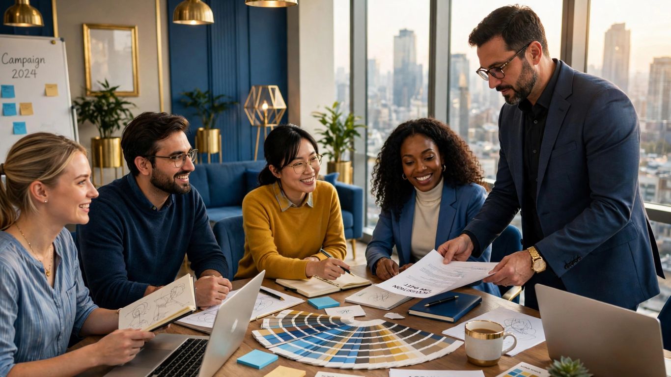 Marketing team collaborates in a modern agency office during acquisition planning.